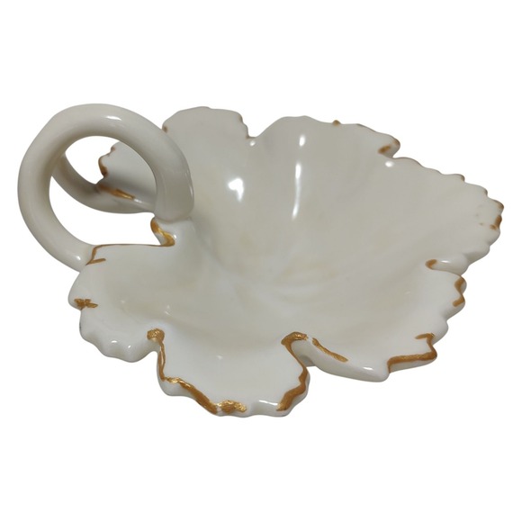 Vintage Candy Dish Porcelain Leaf with Gold Trim Handmade Handle SEE - Picture 4 of 10